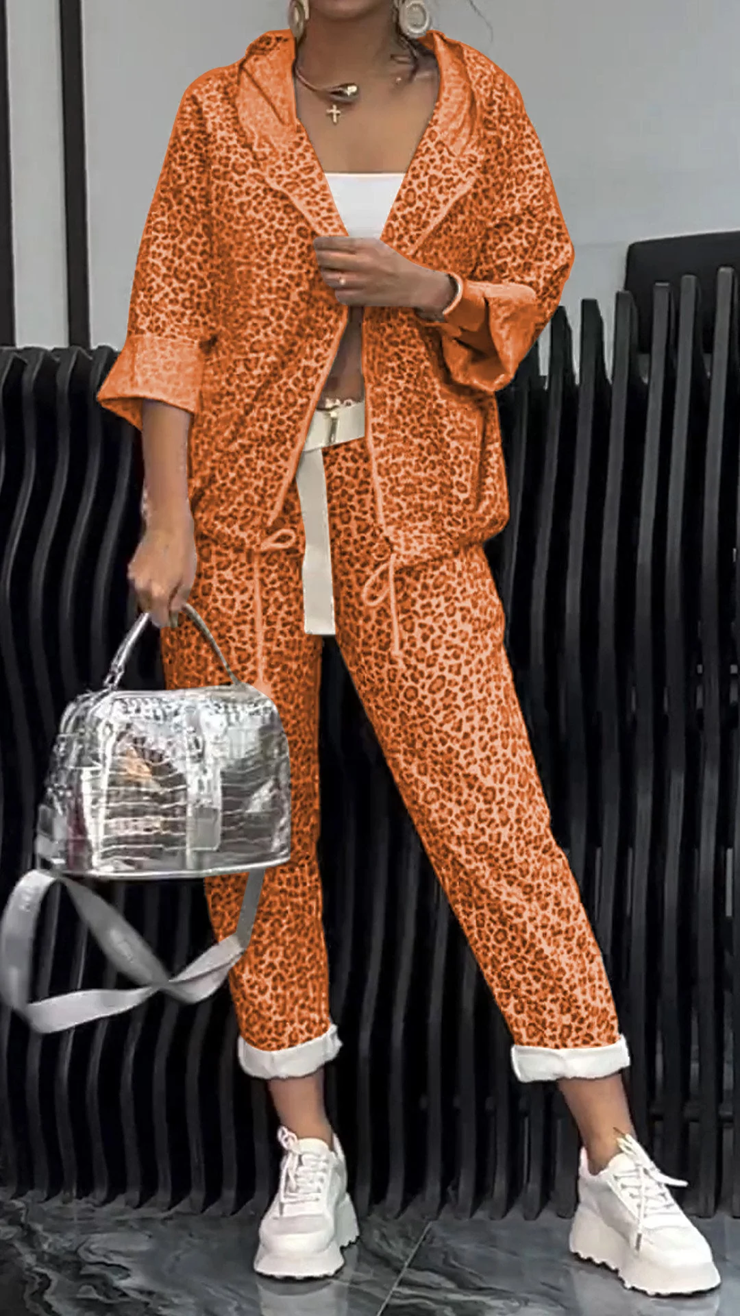 Women's Leopard-print Cardigan Short Suit