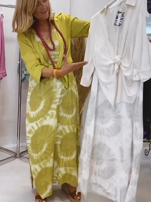 Women's Casual V-neck Sleeveless Dress with Cardigan Two-piece Suit